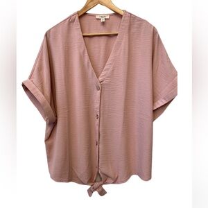 Como Blu Women’s 1X Shirt Pink Dusty Rose Knotted Front Cuffed Sleeve Dolman